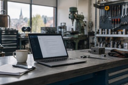 IA générative en PME : ordinateur portable ouvert dans un atelier belge