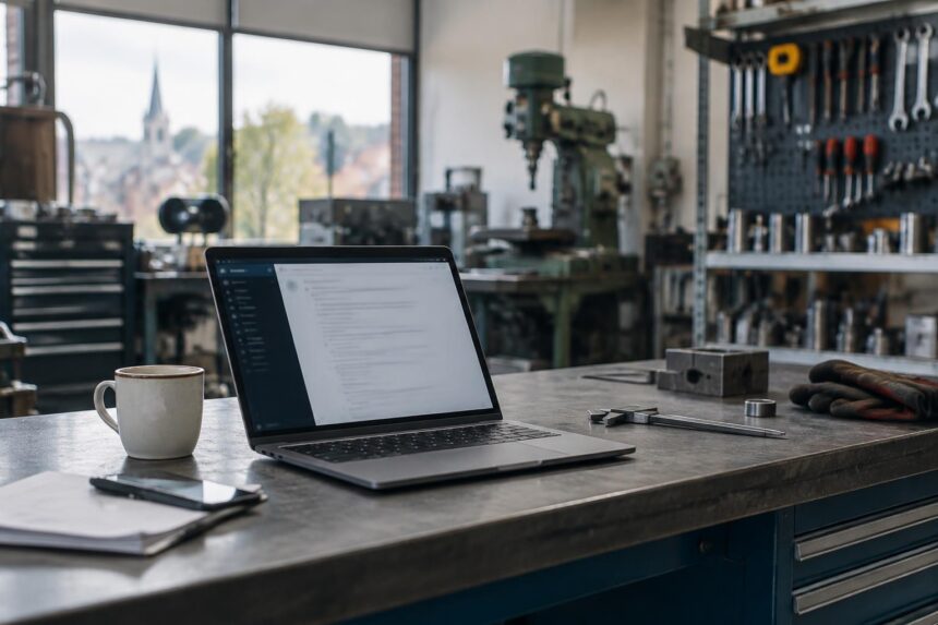 IA générative en PME : ordinateur portable ouvert dans un atelier belge
