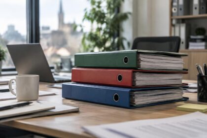 Aides à l'embauche : trois dossiers d'aide à l'embauche de couleurs différentes empilés sur un bureau d'entreprise belge