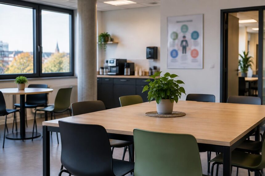 Bien-être au travail : salle de pause vide d'une entreprise belge avec table