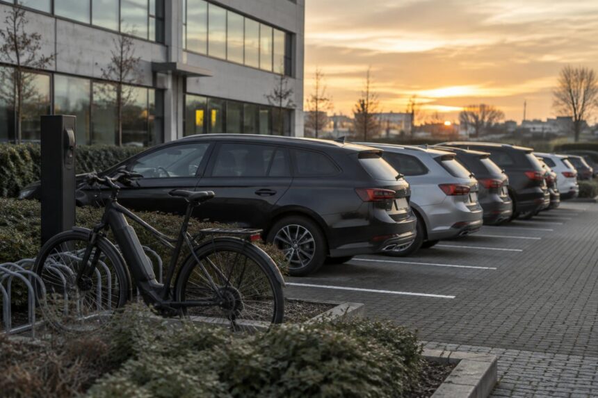 Budget mobilité et voiture de société : parking d'entreprise avec voitures et vélo