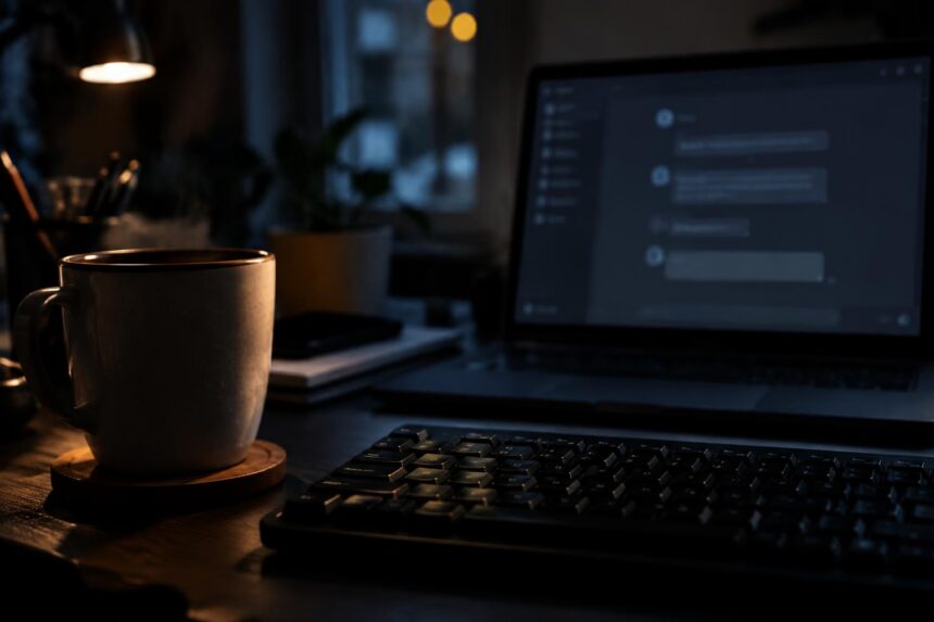ChatGPT et données clients : clavier et écran flou dans un bureau tamisé