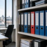 Commission paritaire : classeurs étiquetés de commissions paritaires alignés sur une étagère de bureau administratif belge