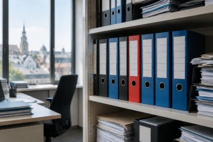 Commission paritaire : classeurs étiquetés de commissions paritaires alignés sur une étagère de bureau administratif belge