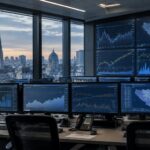 Conjoncture belge : salle de contrôle avec écrans de courbes économiques