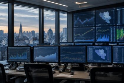 Conjoncture belge : salle de contrôle avec écrans de courbes économiques