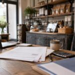 Cotisations sociales : établi d'un petit commerce indépendant belge avec un relevé de cotisations sociales posé dessus