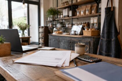 Cotisations sociales : établi d'un petit commerce indépendant belge avec un relevé de cotisations sociales posé dessus