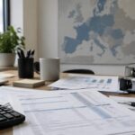 Coût du travail belge : fiche de paie et documents comptables devant une carte de l'Europe