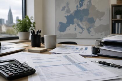 Coût du travail belge : fiche de paie et documents comptables devant une carte de l'Europe