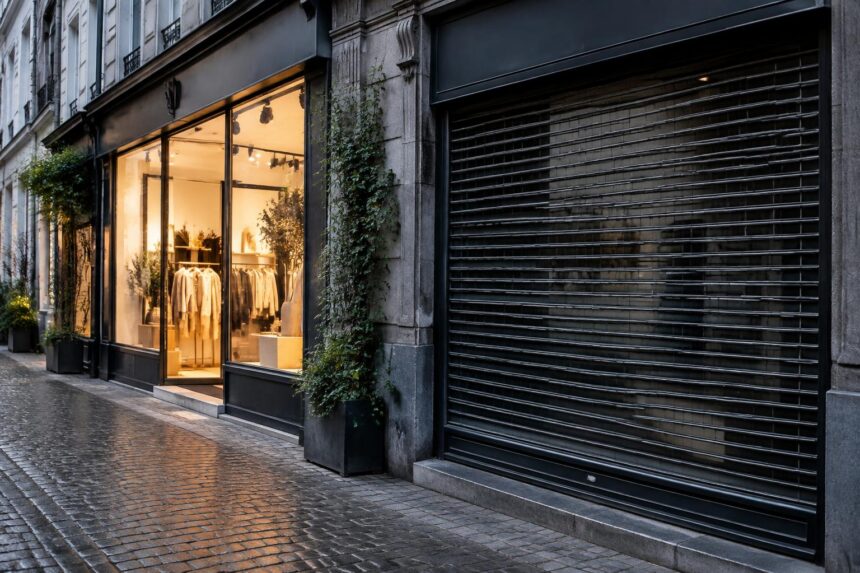 Créations et faillites d'entreprises : rue commerçante belge avec une vitrine neuve éclairée d'un côté et une vitrine fermée de l'autre