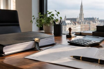 Créer une SRL en Belgique : statuts de société reliés et un reçu notarié posés sur un bureau à côté d'une calculatrice