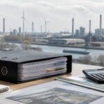 CSRD en Belgique : grand classeur de rapport CSRD posé sur un bureau à côté d'une règle et d'une calculatrice