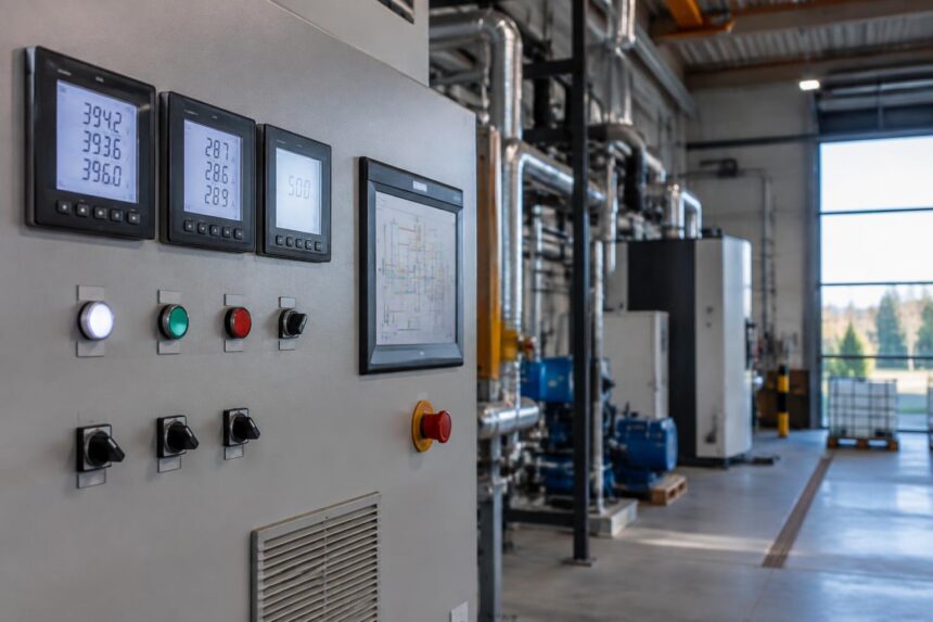 Décarboner une PME belge : panneau de contrôle énergétique avec compteurs et jauges dans un atelier belge
