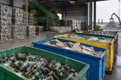 Économie circulaire : matériaux recyclés triés dans des bacs industriels de couleurs différentes