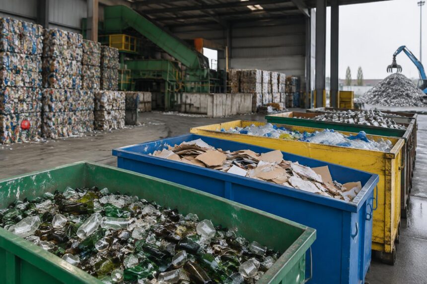 Économie circulaire : matériaux recyclés triés dans des bacs industriels de couleurs différentes