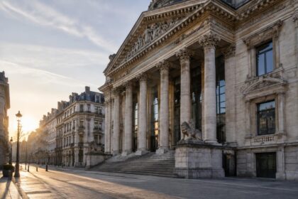 Entrer en bourse à Bruxelles : façade du palais de la Bourse au petit matin