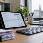 Facturation électronique obligatoire : tablette numérique affichant une facture électronique floue posée à côté d'un clavier