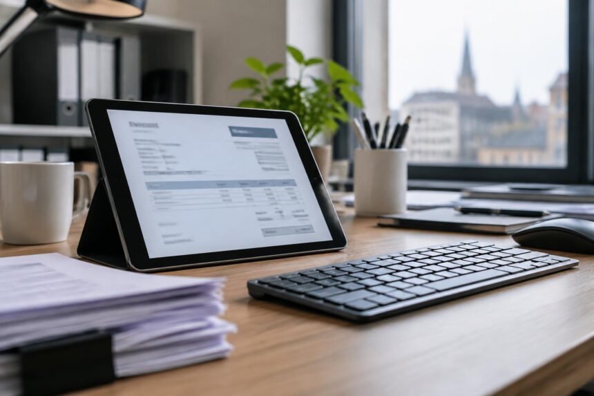 Facturation électronique obligatoire : tablette numérique affichant une facture électronique floue posée à côté d'un clavier
