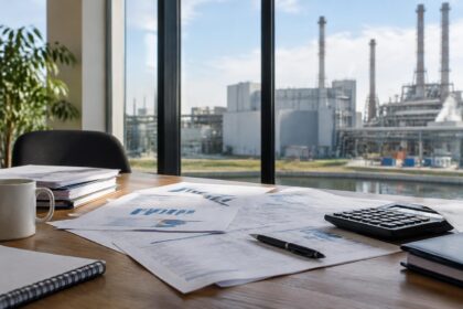 Facture énergétique des entreprises : facture énergétique et relevé de consommation posés sur un bureau à côté d'une calculatrice