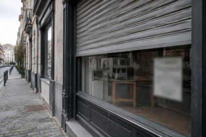 Faillite d'entreprise : vitrine fermée d'un commerce belge