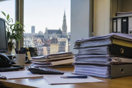 Finances publiques belges : pile de documents fiscaux sur un bureau