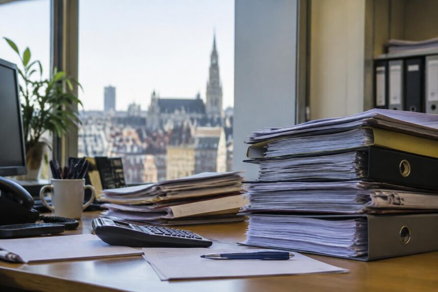 Finances publiques belges : pile de documents fiscaux sur un bureau