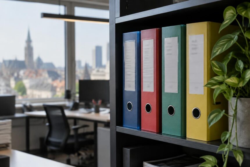 Formes de société en Belgique : classeurs de couleurs différentes sur une étagère de bureau