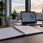 Calendrier de l'AI Act : agenda d'entreprise belge ouvert sur une échéance entourée au marqueur, ordinateur portable en arrière-plan