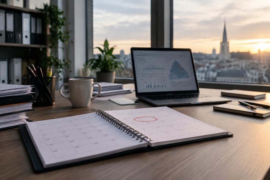 Calendrier de l'AI Act : agenda d'entreprise belge ouvert sur une échéance entourée au marqueur, ordinateur portable en arrière-plan