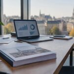 IA et emploi en Belgique : rapport imprimé relié posé sur un bureau à côté d'un ordinateur portable affichant un graphique flou