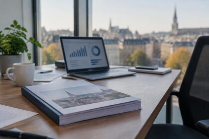 IA et emploi en Belgique : rapport imprimé relié posé sur un bureau à côté d'un ordinateur portable affichant un graphique flou