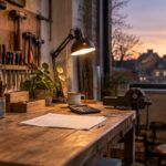 Indépendant complémentaire : établi d'atelier artisanal le soir avec outils rangés et une facture posée dessus