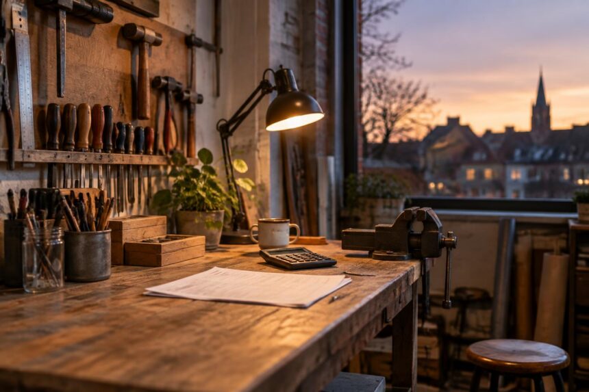 Indépendant complémentaire : établi d'atelier artisanal le soir avec outils rangés et une facture posée dessus