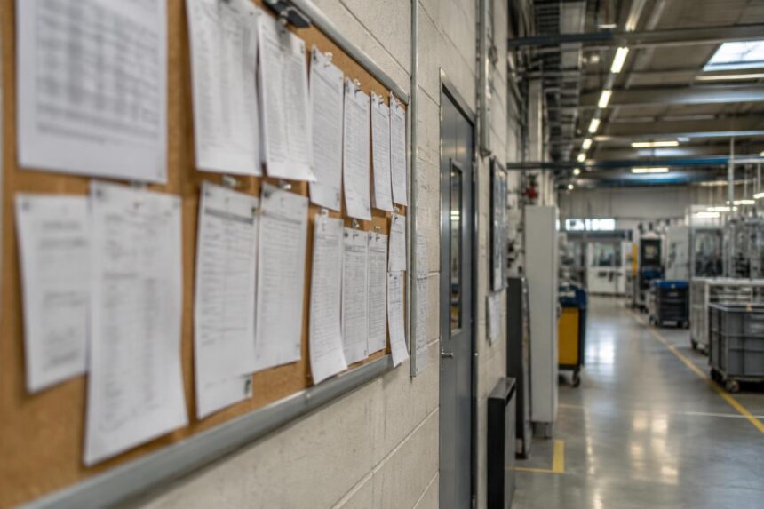 Indexation automatique des salaires : tableau d'affichage du personnel dans un couloir d'usine