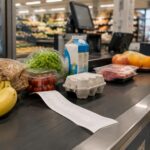 Indice santé : ticket de caisse et articles de supermarché posés sur un tapis de caisse belge