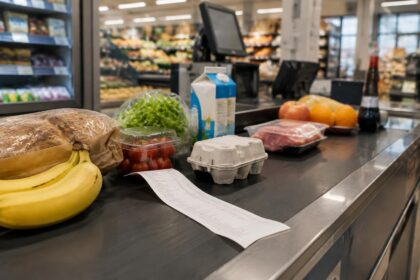Indice santé : ticket de caisse et articles de supermarché posés sur un tapis de caisse belge