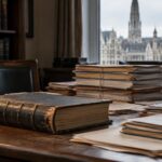 Le saut d'index : registre relié et archives économiques sur un bureau