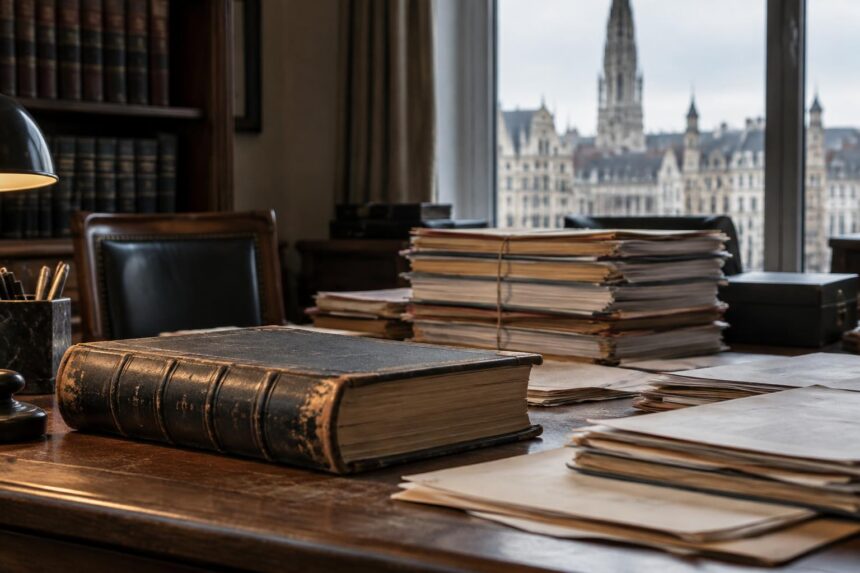 Le saut d'index : registre relié et archives économiques sur un bureau