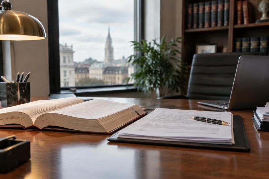 Financement des PME : code juridique ouvert à côté d'un contrat de financement sur un bureau d'avocat belge