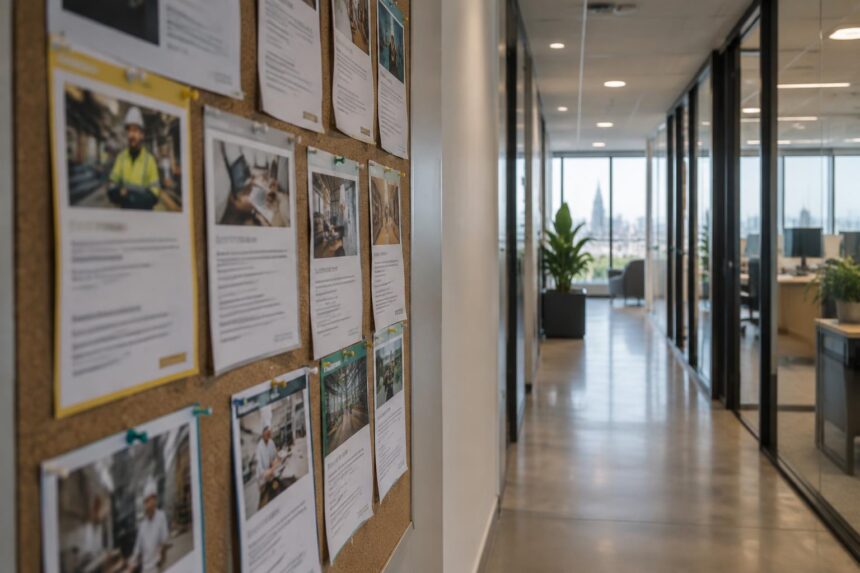Métiers en pénurie : tableau d'affichage régional avec des offres d'emploi floutées épinglées