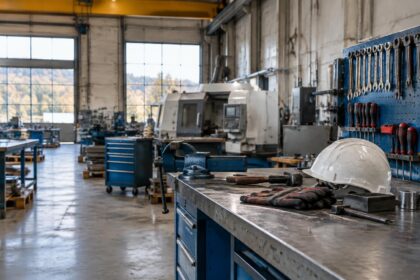 Métiers en pénurie : établi industriel wallon avec outils et casque de protection
