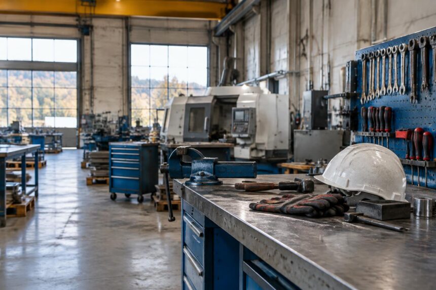 Métiers en pénurie : établi industriel wallon avec outils et casque de protection