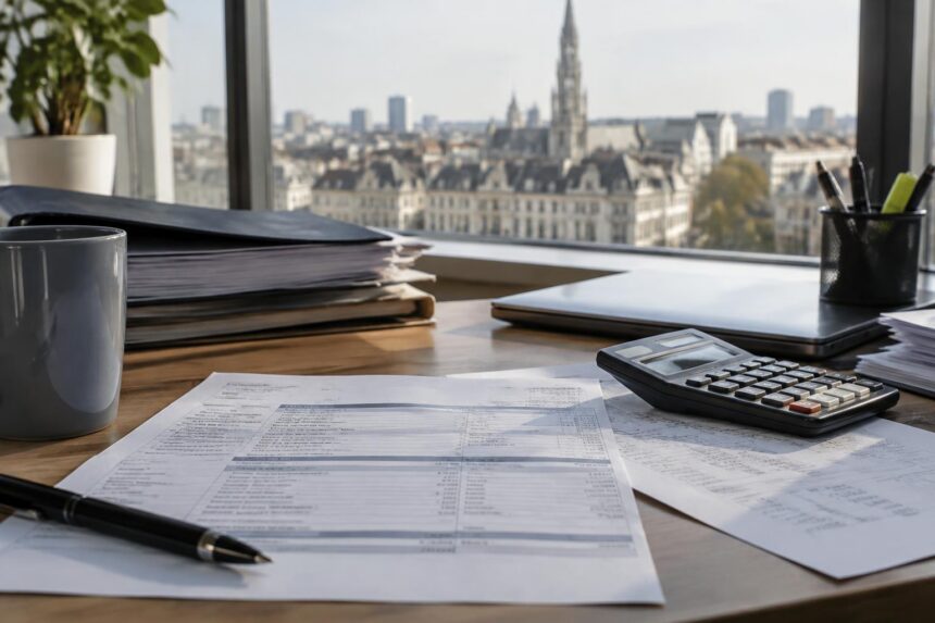 Modération salariale : fiche de paie et plafond salarial calculé sur une feuille posée à côté d'une calculatrice