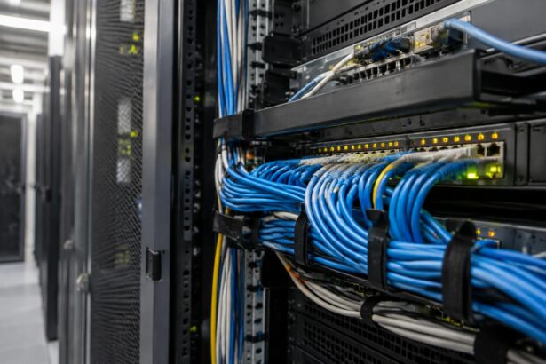 NIS2 en Belgique : câbles réseau et commutateur informatique en gros plan dans une baie technique