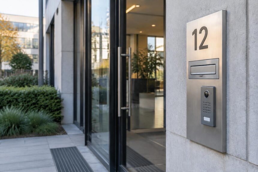 Numéro d'entreprise, TVA, ONSS : plaque d'immatriculation d'entreprise belge apposée à l'entrée d'un bâtiment commercial