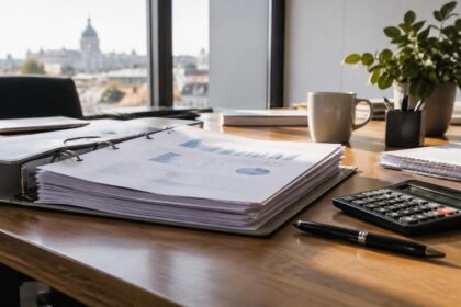 Plan financier : document relié sur un bureau d'entreprise belge