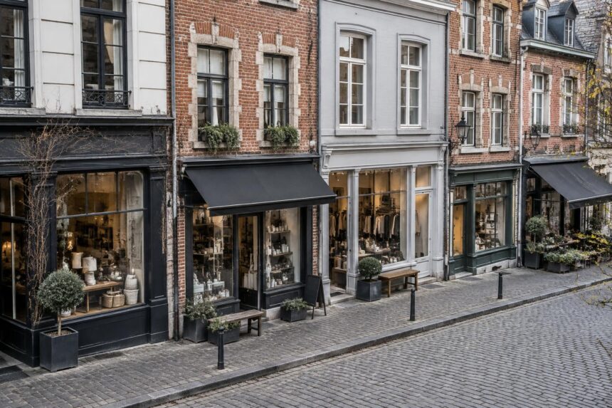 Poids des PME en Belgique : rue commerçante avec plusieurs petites façades de commerces