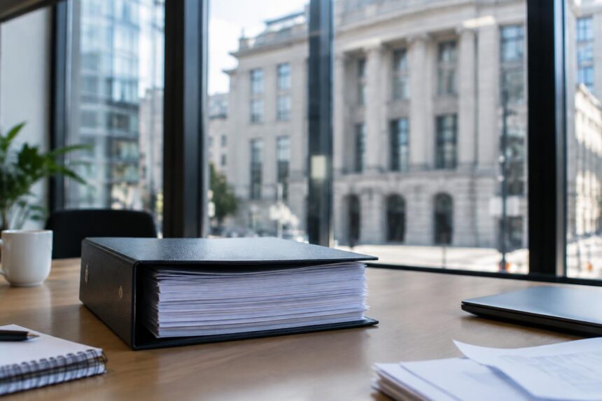 Comptes annuels : classeur de comptes annuels relié posé sur un bureau