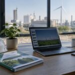 Rapport de durabilité : rapport de durabilité relié posé à côté d'un ordinateur portable ouvert sur un bureau